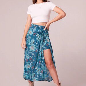 Teal Floral Midi Skirt with Side Knot